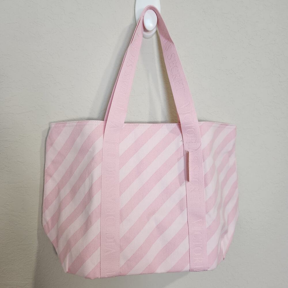 Victoria's Secret Pink and White Stripe Shoulder Tote Bag With Zipper